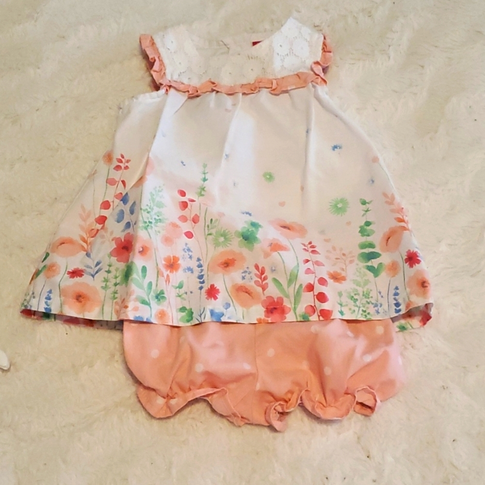 3-6 Months 2 piece flower top with pink and white polk-a-dot bloomers .